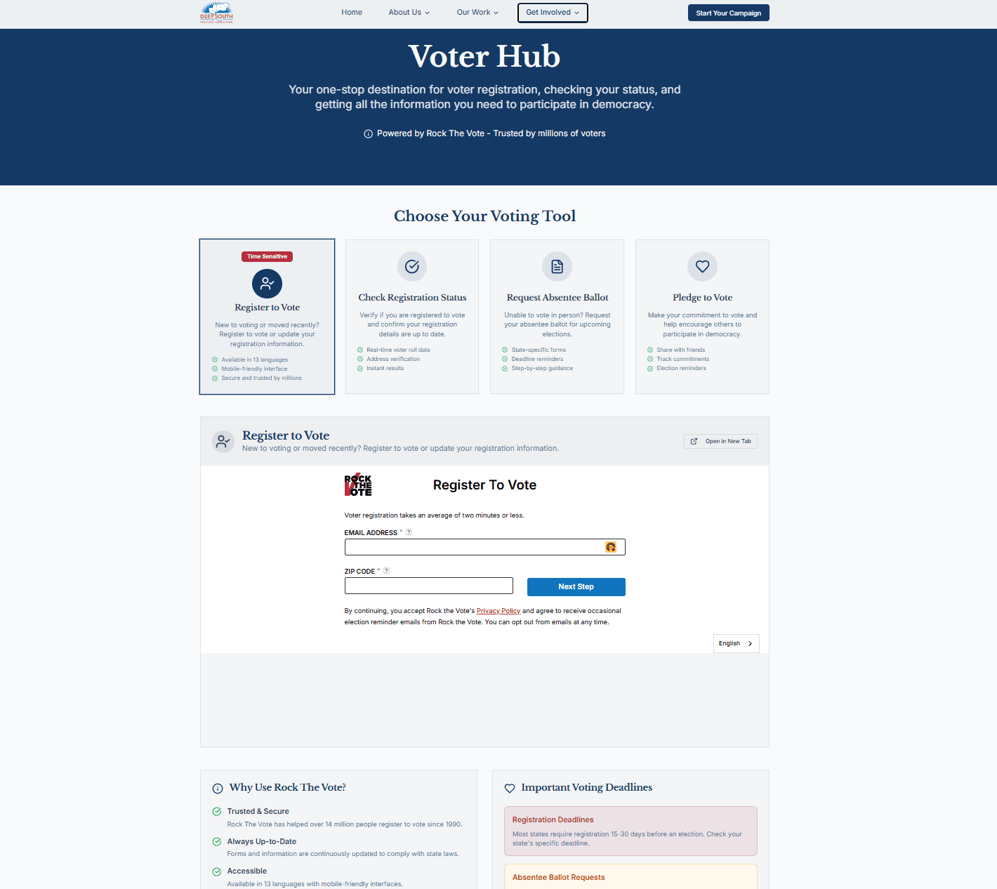 Deep South Voter Hub civic engagement platform design concept with voter resources