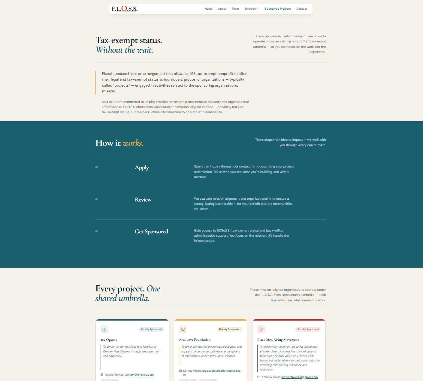 Nonprofit fiscal sponsorship platform showing sponsored projects directory page