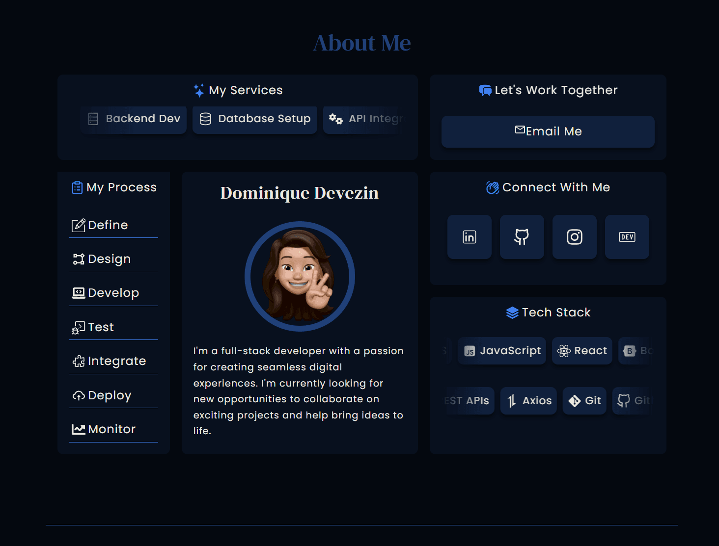 Devezin Digital developer portfolio about page with skills and project history