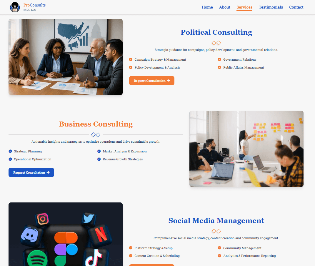 ProConsults business consulting services page with detailed service packages