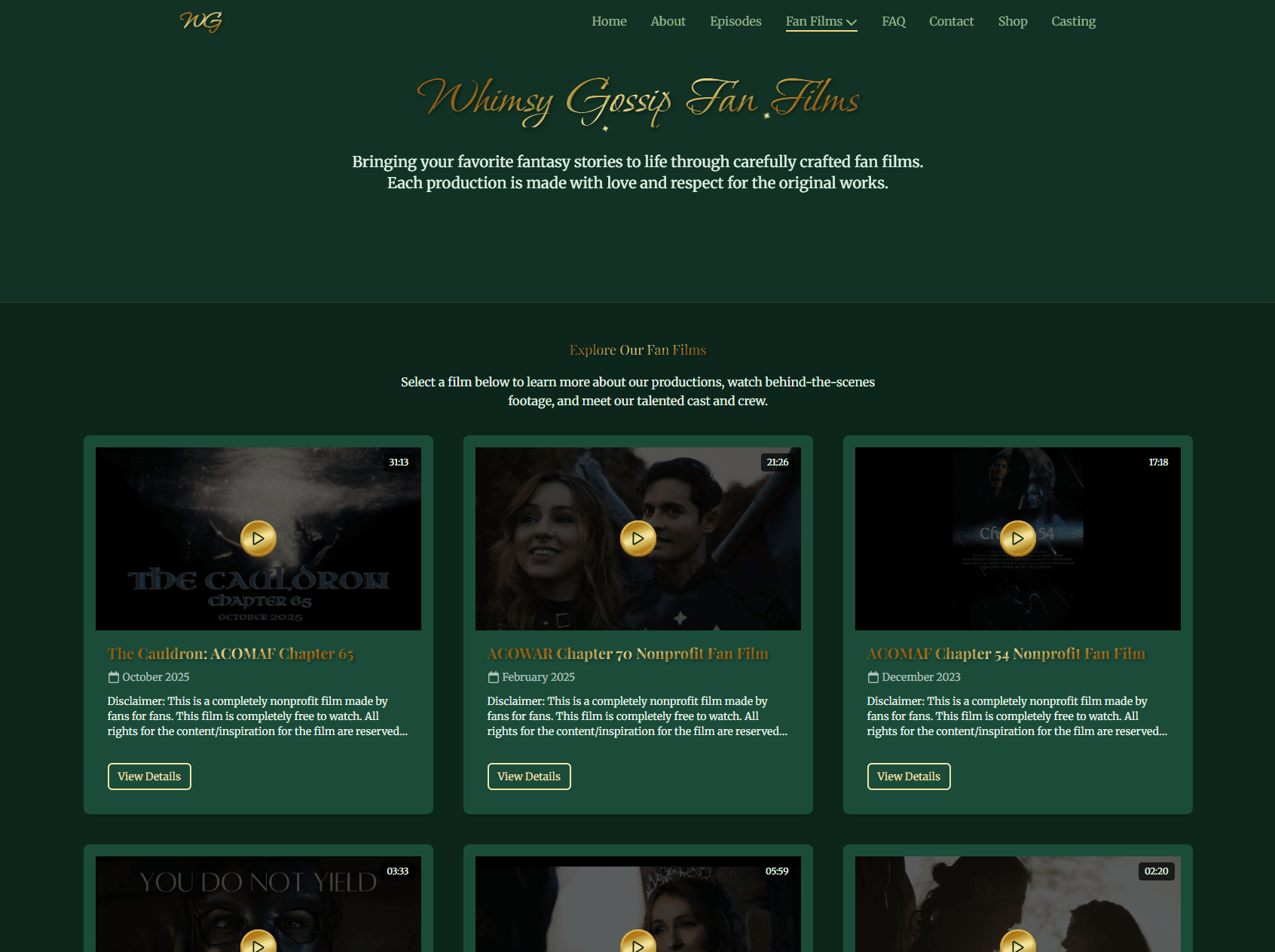 Whimsy Gossip fan films page featuring video gallery and episode descriptions