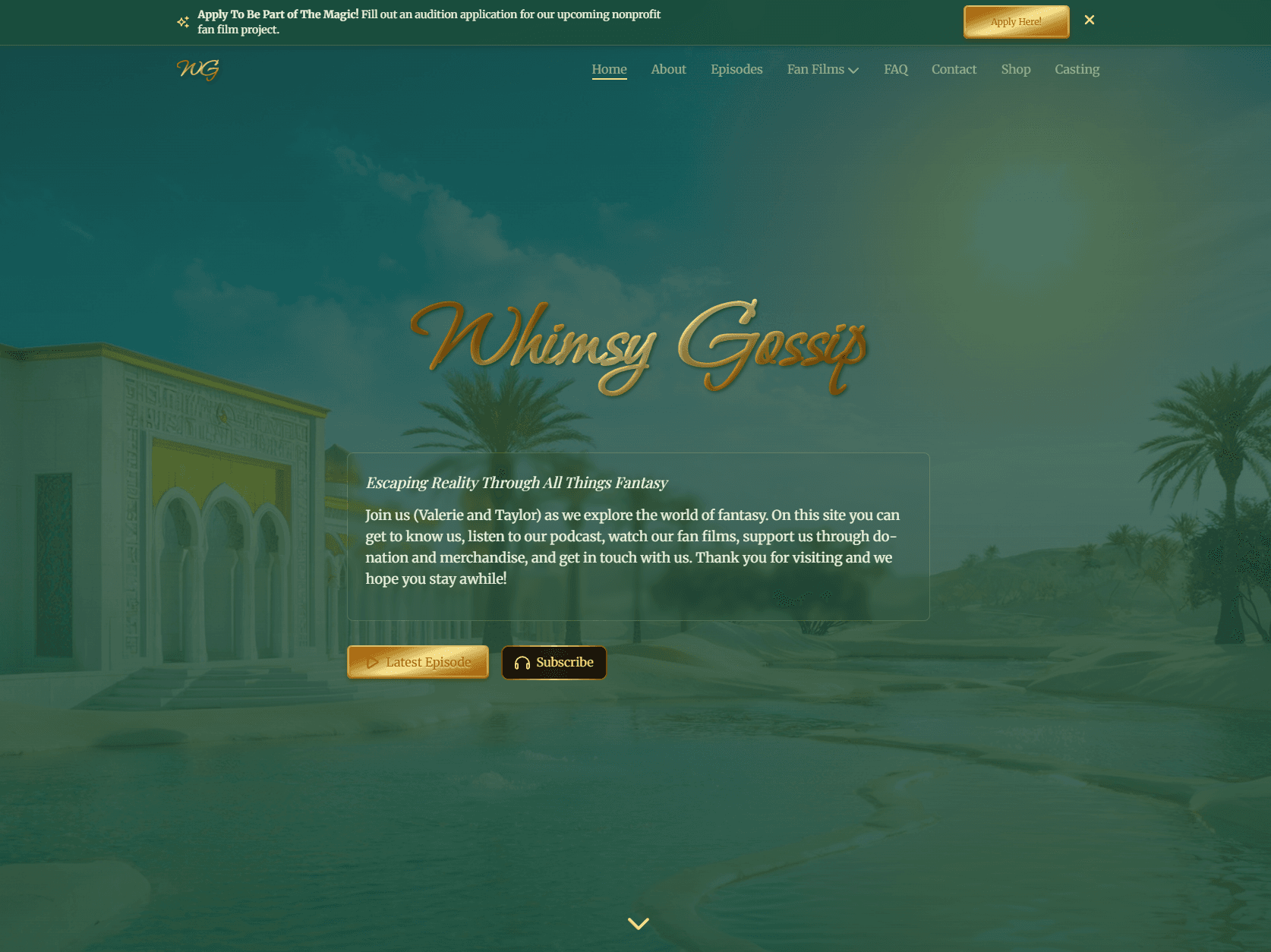 Whimsy Gossip fantasy podcast website homepage with episode listings and show artwork